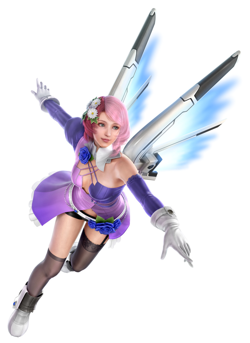 3d, alisa_boskonovich, android, black_legwear, breasts, cleavage, flower, gloves, green_eyes, hair_ornament, highres, namco, official_art, pink_hair, short_hair, solo, tekken, tekken:_blood_vengeance, tekken_tag_tournament_2, thigh-highs, thighhighs, transparent_background