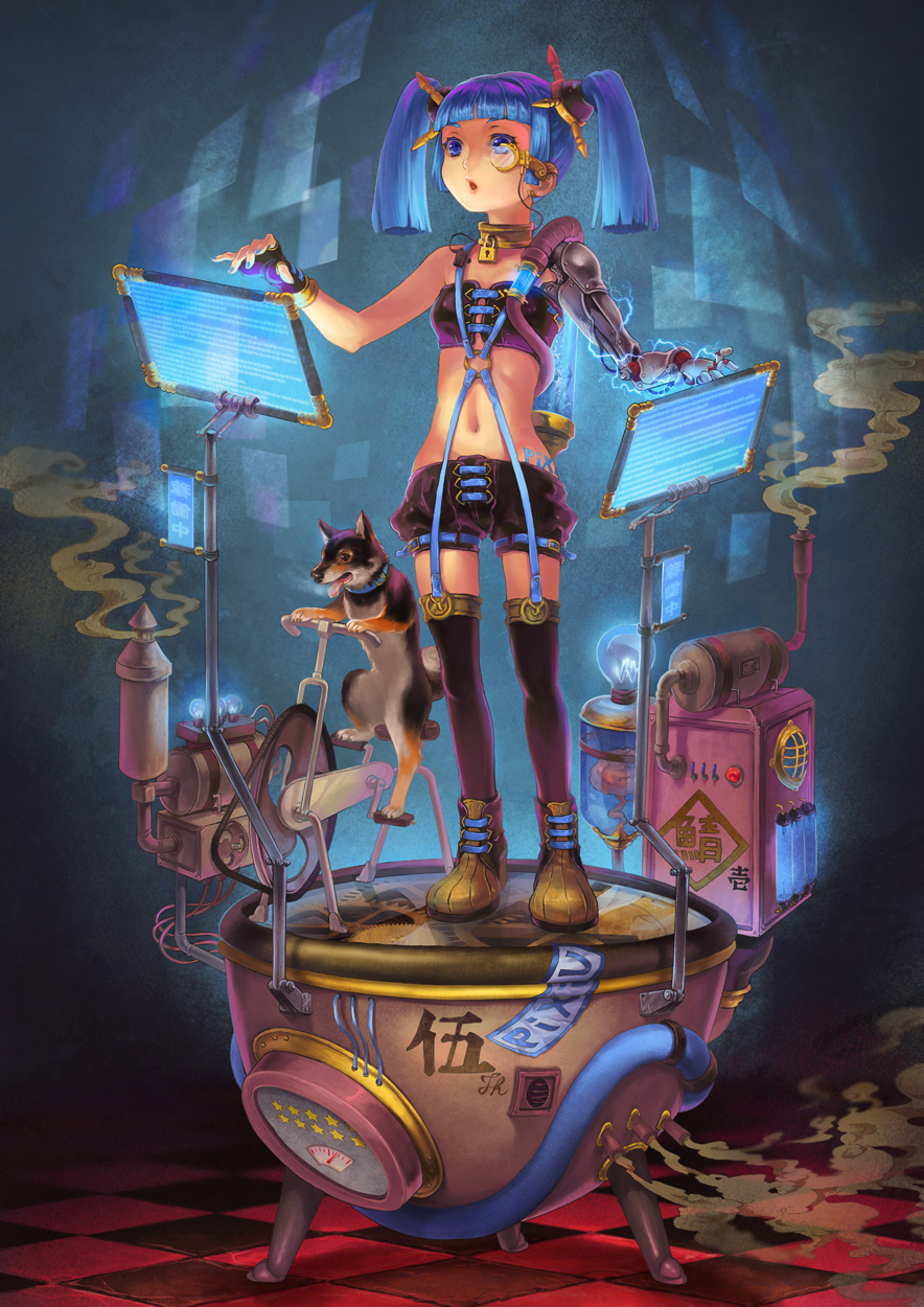 black_legwear, blue_eyes, blue_hair, character_name, checkered, checkered_floor, degrees_celsius, dog