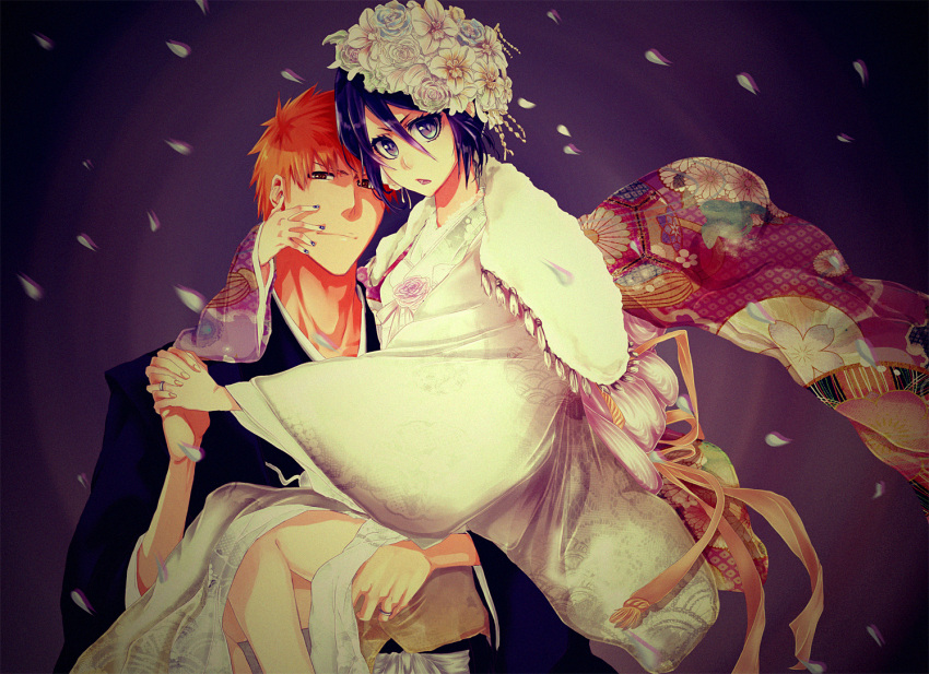 1boy, 1girl, alternate_color, bleach, brown_eyes, carrying, couple, fingernails, flower, fuutarou_(pikeish), japanese_clothes, jewelry, kimono, kuchiki_rukia, kurosaki_ichigo, micaela, orange_hair, petals, princess_carry, purple_background, purple_eyes, purple_hair, ring, short_hair, violet_eyes, wedding_ring