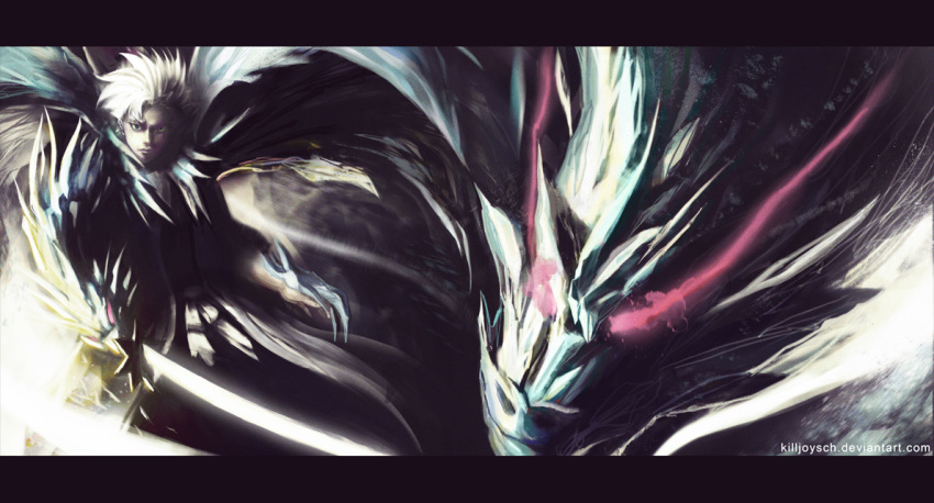 bleach, boy, dragon, glowing, glowing_eyes, green_eyes, haori, hitsugaya_toushirou