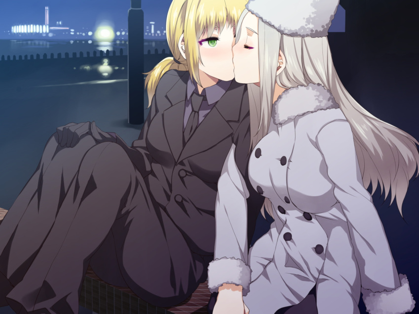 blonde_hair, blush, closed_eyes, coat, eyes_closed, fate/zero, fate_(series), formal