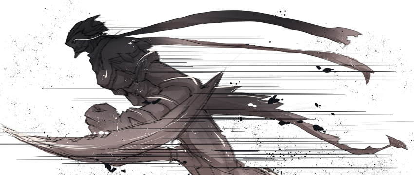 garyu, horns, lyrical_nanoha, mahou_shoujo_lyrical_nanoha_strikers, monochrome, monster, multiple_eyes, no_humans, running, scarf, solo, speed_lines, spikes, tail, tmntlovemaou, weapon