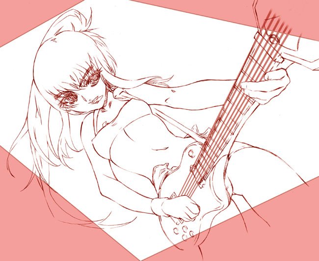 guitar, instrument, long_hair, monochrome, original, ponytail, solo, tubetop