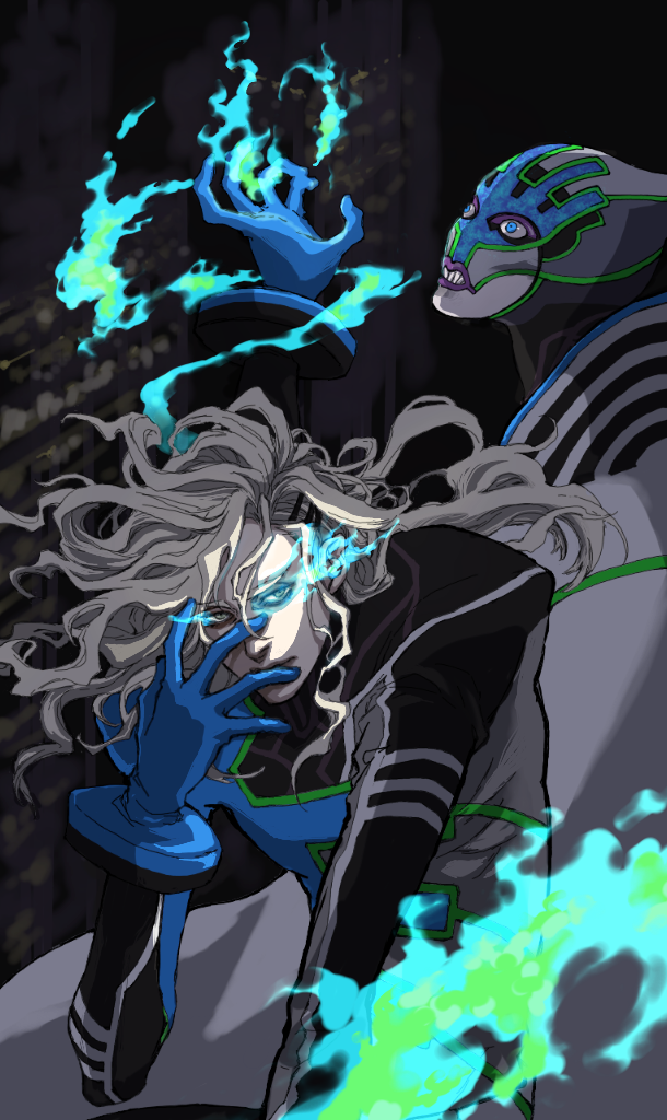 blue_eyes, blue_fire, cape, dual_persona, fire, hr66612, long_hair, lunatic_(tiger_&amp;_bunny), mask, multiple_boys, superhero, tiger_&amp;_bunny, yuri_petrov