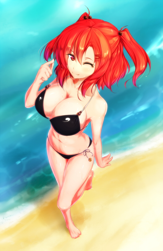 alternate_costume, barefoot, beach, bikini, breasts, cleavage, coin, hair_bobbles
