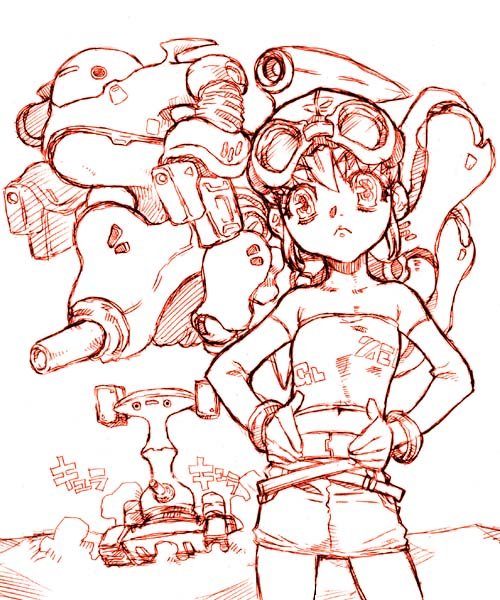 goggles, mecha, monochrome, original, red, skirt, tubetop, urabecat