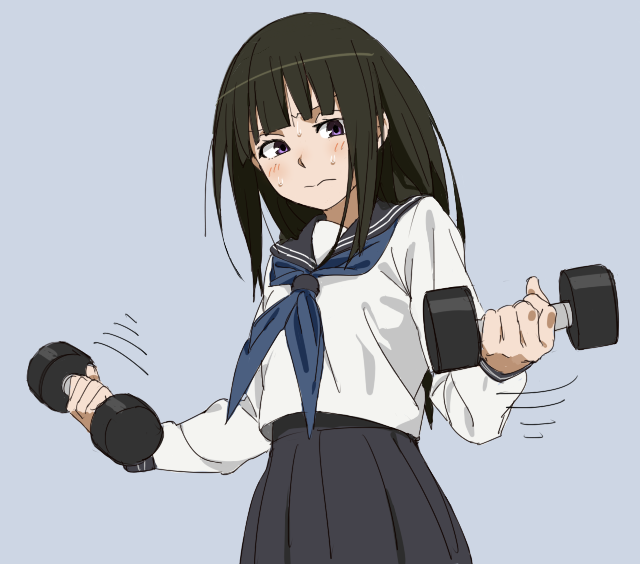 black_hair, chitanda_eru, dumbells, exercise, hyouka, long_hair, purple_eyes, school_uniform, serafuku, solo, tatsuki3594, violet_eyes, weightlifting, weights