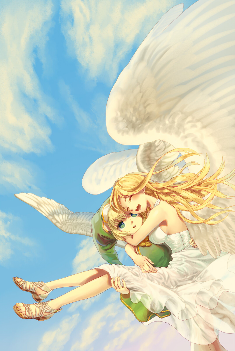 blonde_hair, breasts, carrying, dress, ehekatl_of_luck, elona, green_eyes, highres