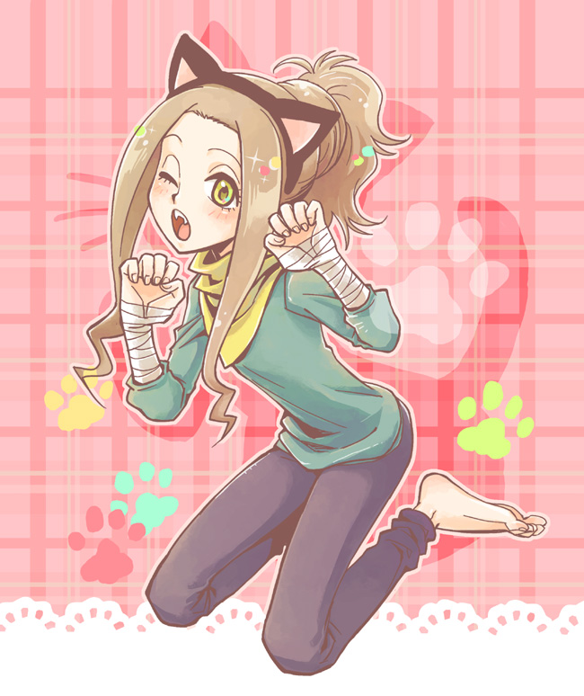 ana_gram, animal_ears, barefoot, blush, brown_hair, cat_ears, fangs, long_hair