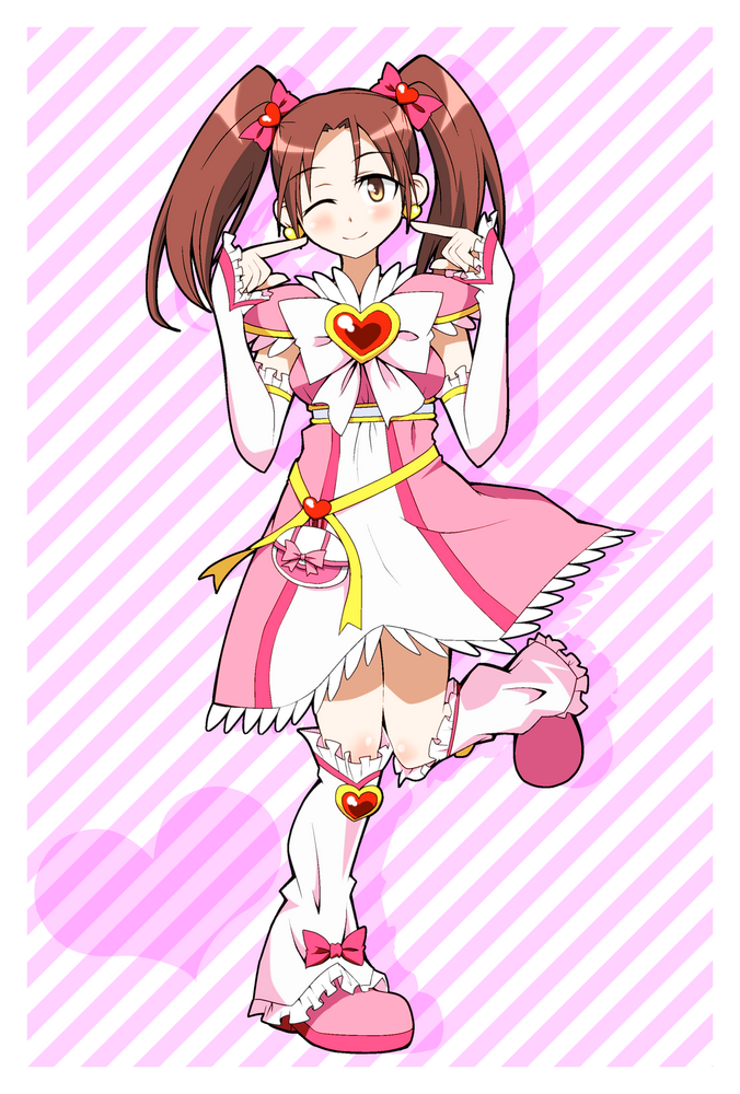 blush, brown_eyes, brown_hair, cosplay, earrings, futari_wa_precure, futari_wa_precure_max_heart, hair_ribbon