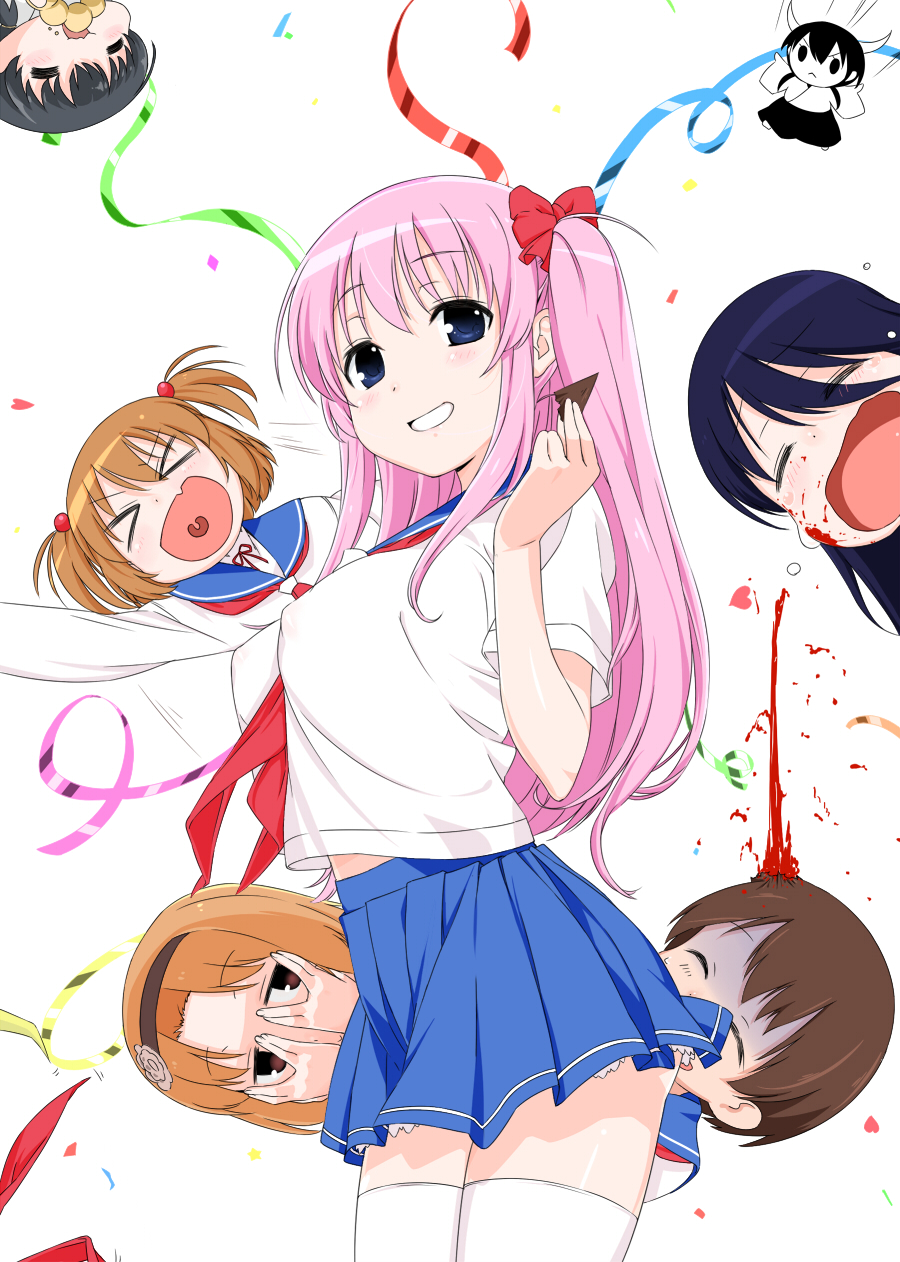 anetai_toyone, blood, blush, breasts, brown_hair, chibi, chikuishi, closed_eyes, eyes_closed, flower, hairband, hands_on_own_face, haramura_nodoka, highres, jindai_komaki, kataoka_yuuki, large_breasts, long_hair, miyanaga_saki, multiple_girls, open_mouth, pink_hair, ribbon, saki, saki_achiga-hen, school_uniform, serafuku, short_hair, side_ponytail, simple_background, skirt, smile, tears, thigh-highs, thighhighs, tikuisi, yasufuku_riko