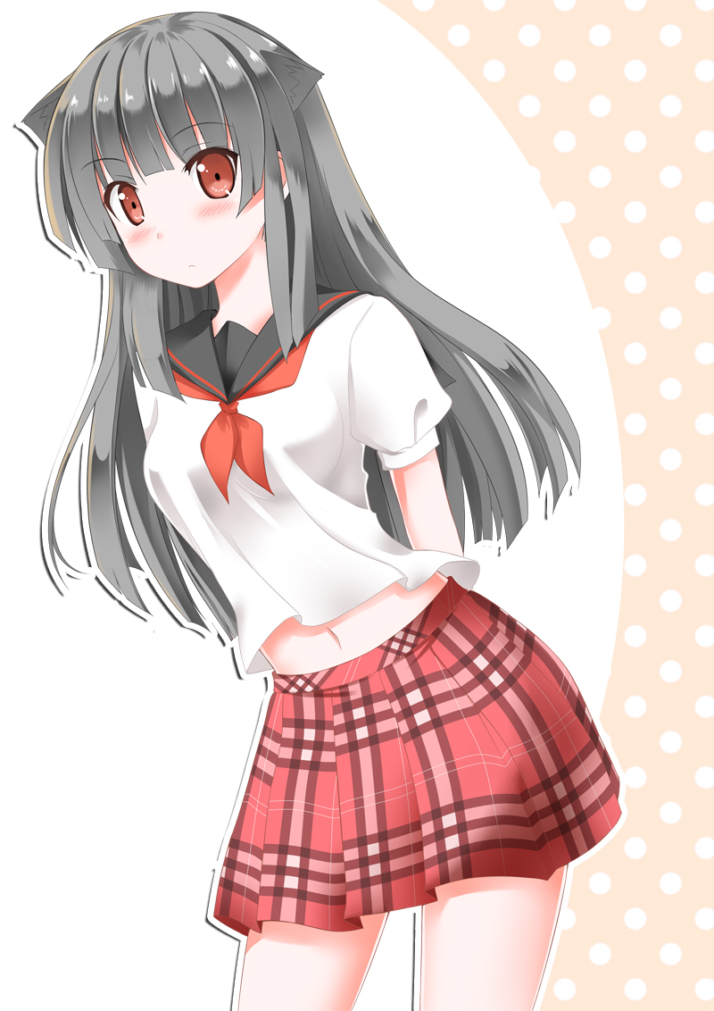 alternate_costume, animal_ears, arms_behind_back, black_hair, blush, breasts, cat_ears, catstudio_(artist), checkered, checkered_skirt, kuro_(miku_plus), long_hair, looking_at_viewer, midriff, navel, necktie, original, puffy_sleeves, red_eye, red_eyes, school_uniform, serafuku, shirt, short_sleeves, skirt, solo