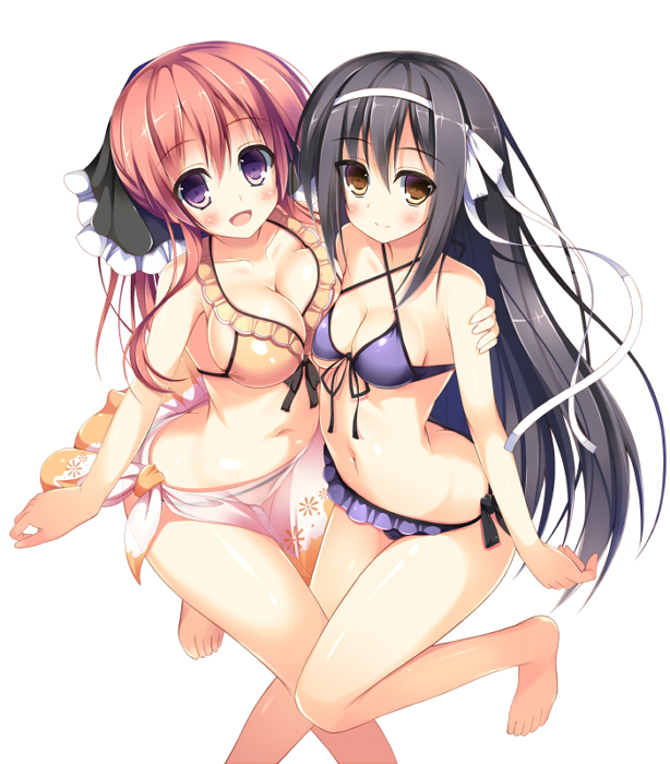 bikini, black_hair, black_legwear, blush, breasts, brown_eyes, character_request, hair_ribbon