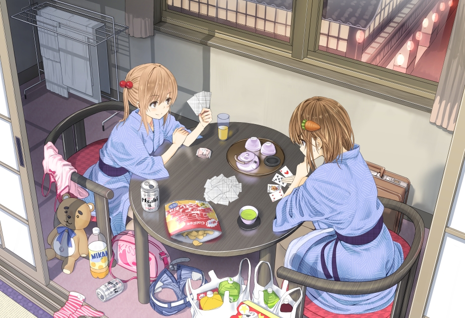 asahi_(beer), bag, blonde_hair, bottle, brand_name_imitation, brown_hair, can, card