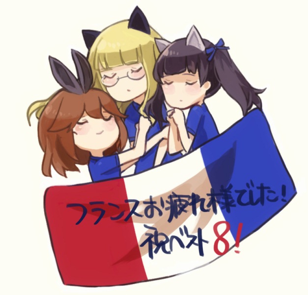 3girls, amelie_planchard, animal_ears, black_hair, blonde_hair, brown_hair, bunny_ears, cat_ears