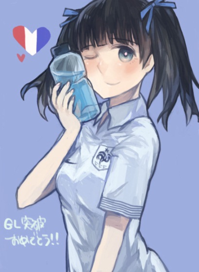 1girl, artist_request, black_hair, blue_eyes, bottle, error, euro_2012, france