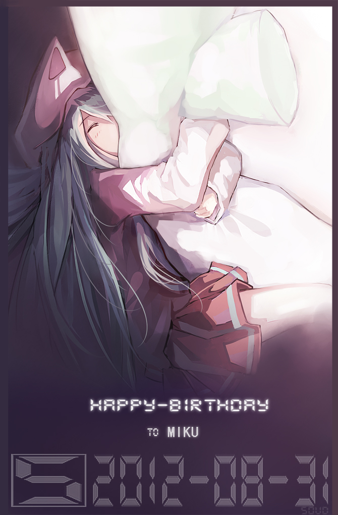 eyes_closed, happy_birthday, hat, hatsune_miku, hug, jiaoshouxingfa, pillow, vocaloid