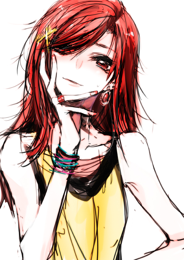 adult, alternate_hairstyle, bare_shoulders, earrings, hair_ornament, hairclip, hand_on_own_face, hino_akane