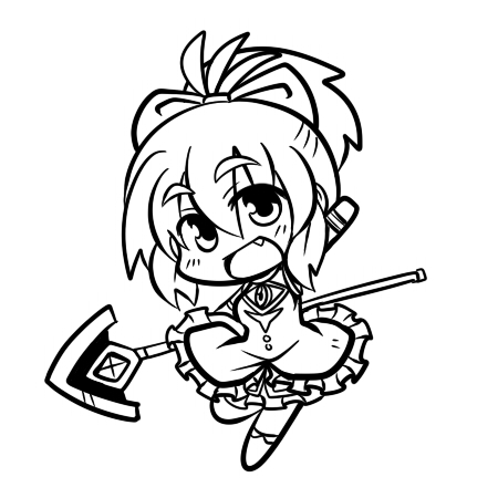 arm_up, chibi, cosplay, fang, hair_ribbon, lowres, mahou_shoujo_madoka_magica, monochrome
