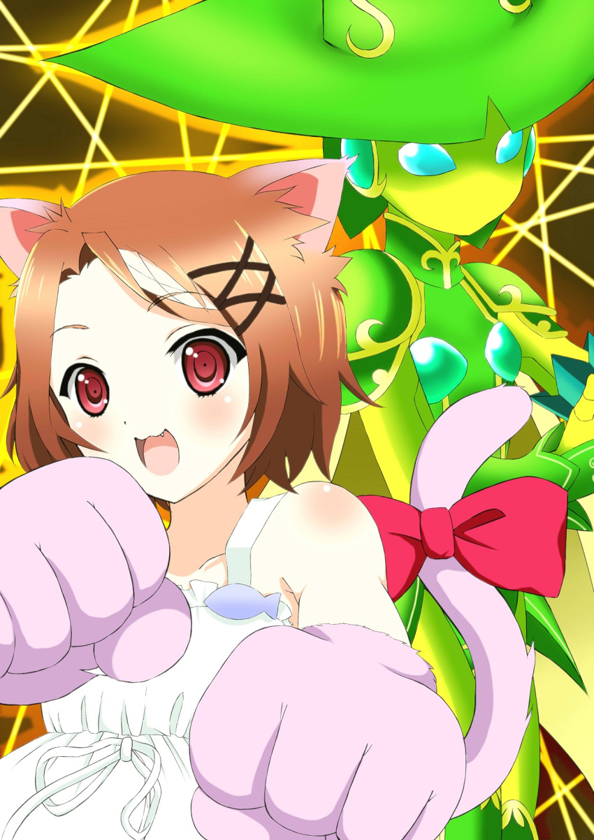 accel_world, animal_ears, annyuiusagi, bare_shoulders, blush, brown_hair, cat_ears, dual_persona