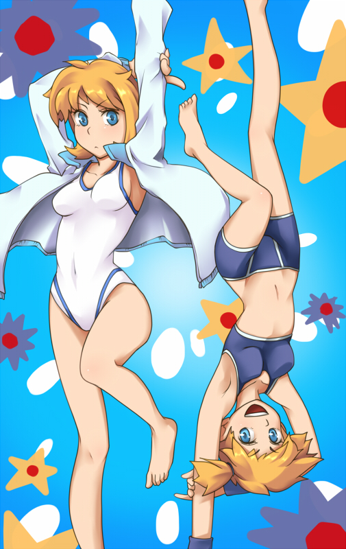 2gilrs, bikini, blue_eyes, breasts, dual_persona, jacket, kasumi_(pokemon), misty_(pokemon), multiple_girls, one-piece_swimsuit, orange_hair, pokemon, pokemon_(game), short_hair, side_ponytail, smile, star, starmie, staryu, swimsuit, time_paradox, yassy_(yasikoz2008)