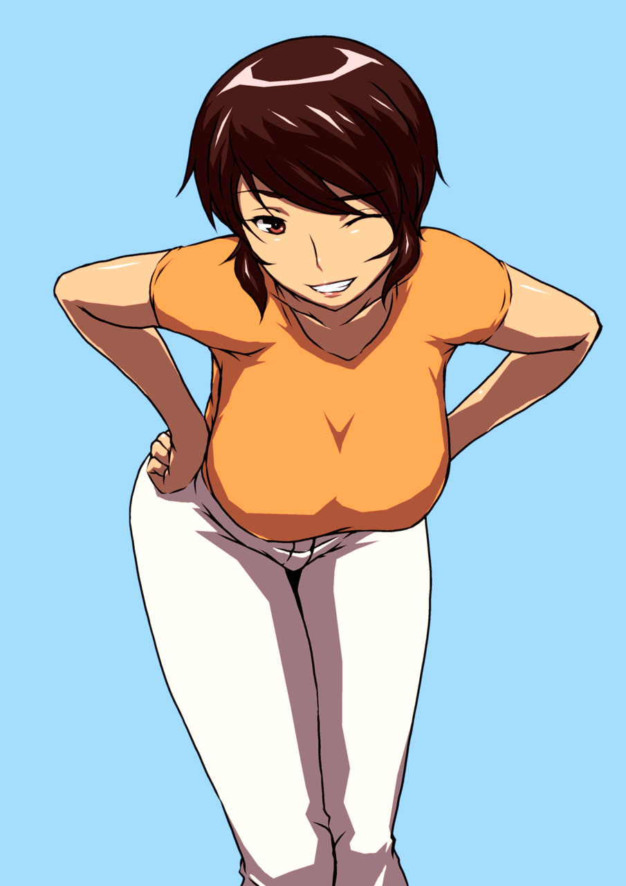 bent_over, blue_background, breasts, brown_eyes, brown_hair, donson, female, hands_on_hips, highres, huge_breasts, looking_at_viewer, original, pants, shirt, short_hair, simple_background, smile, solo, standing, wink