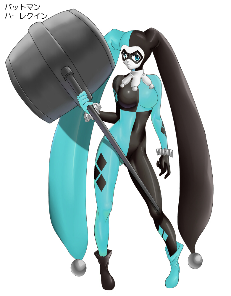 1girl, batman_(series), bodysuit, cosplay, dc_comics, domino_mask, full_body, hammer