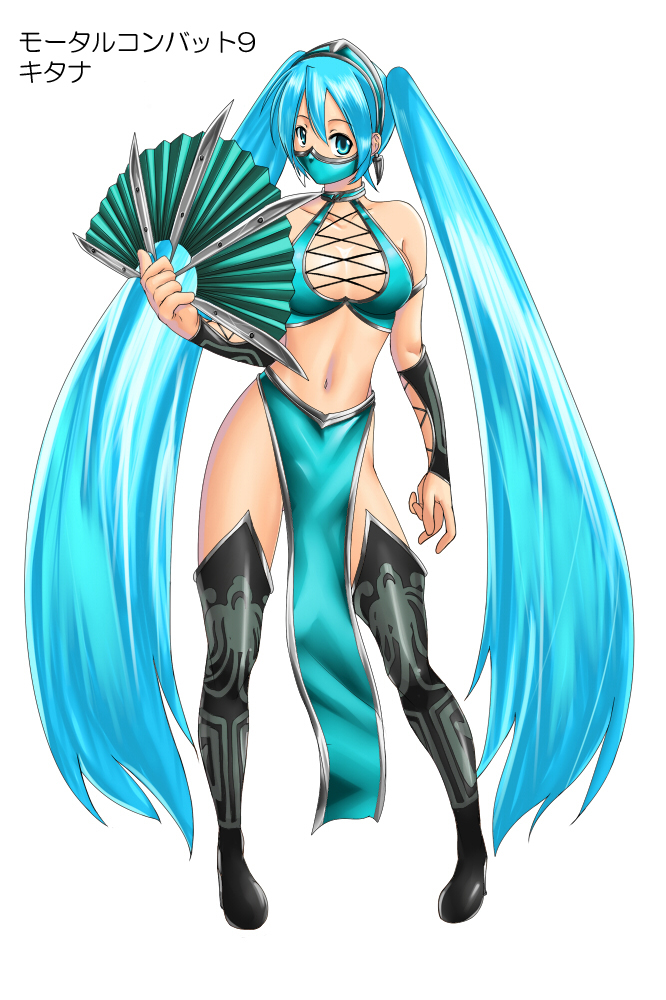 1girl, aqua_eyes, aqua_hair, cosplay, fan, hatsune_miku, judge_martin, kitana