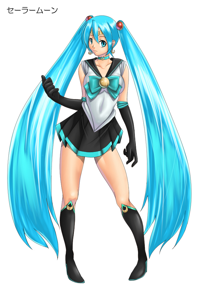 1girl, aqua_eyes, aqua_hair, bishoujo_senshi_sailor_moon, boots, choker, cosplay, earrings, elbow_gloves, gloves, hatsune_miku, jewelry, judge_martin, knee_boots, long_hair, sailor_collar, sailor_moon, simple_background, skirt, solo, twintails, very_long_hair, vocaloid, white_background