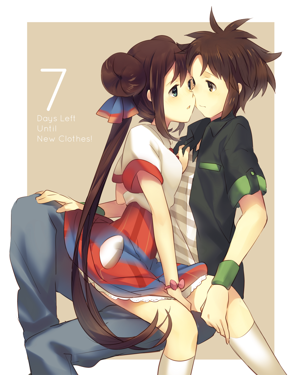 1girl, alternate_costume, bow, brown_hair, couple, double_bun, english, eye_contact