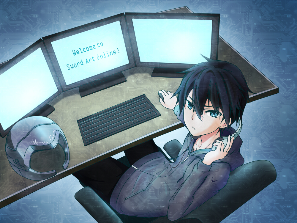 black_hair, coco3186, computer, computer_keyboard, computer_mouse, headphones, kirito, monitor