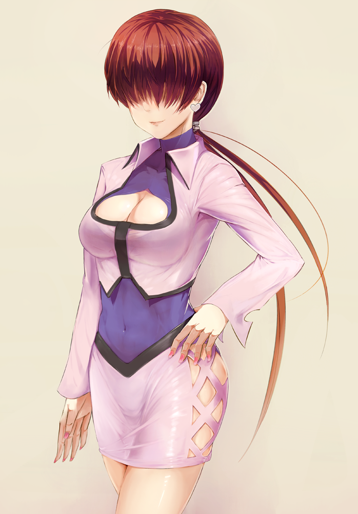 breasts, cleavage, cleavage_cutout, earrings, hair_over_eyes, hand_on_hip, heart, jacket