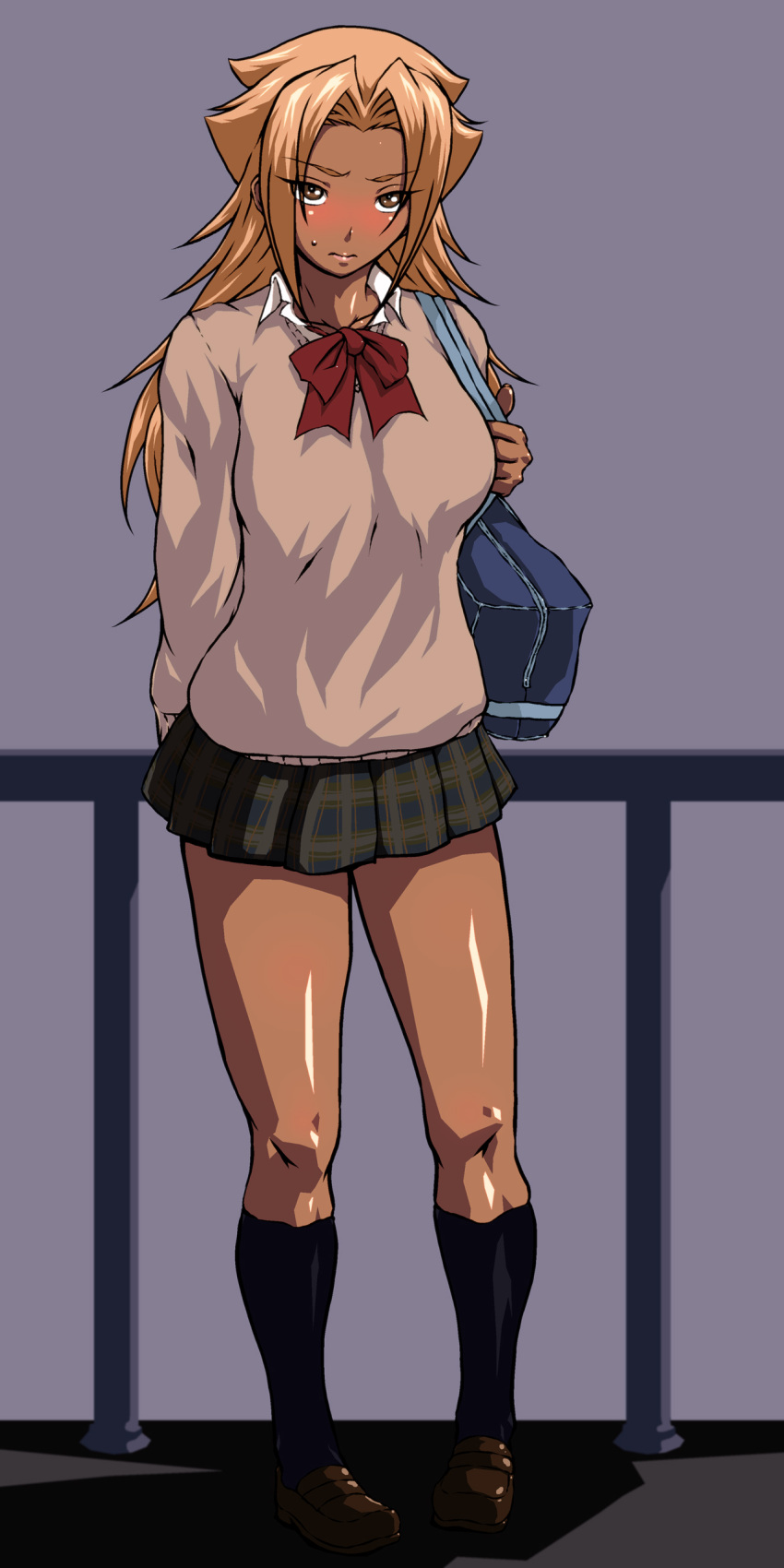 absurdres, bag, blush, brown_eyes, brown_hair, commentary_request, dark_skin, donson