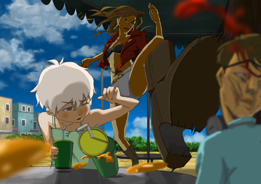 1boy, 2girls, bare_legs, bare_shoulders, belly, blonde_hair, boots, child