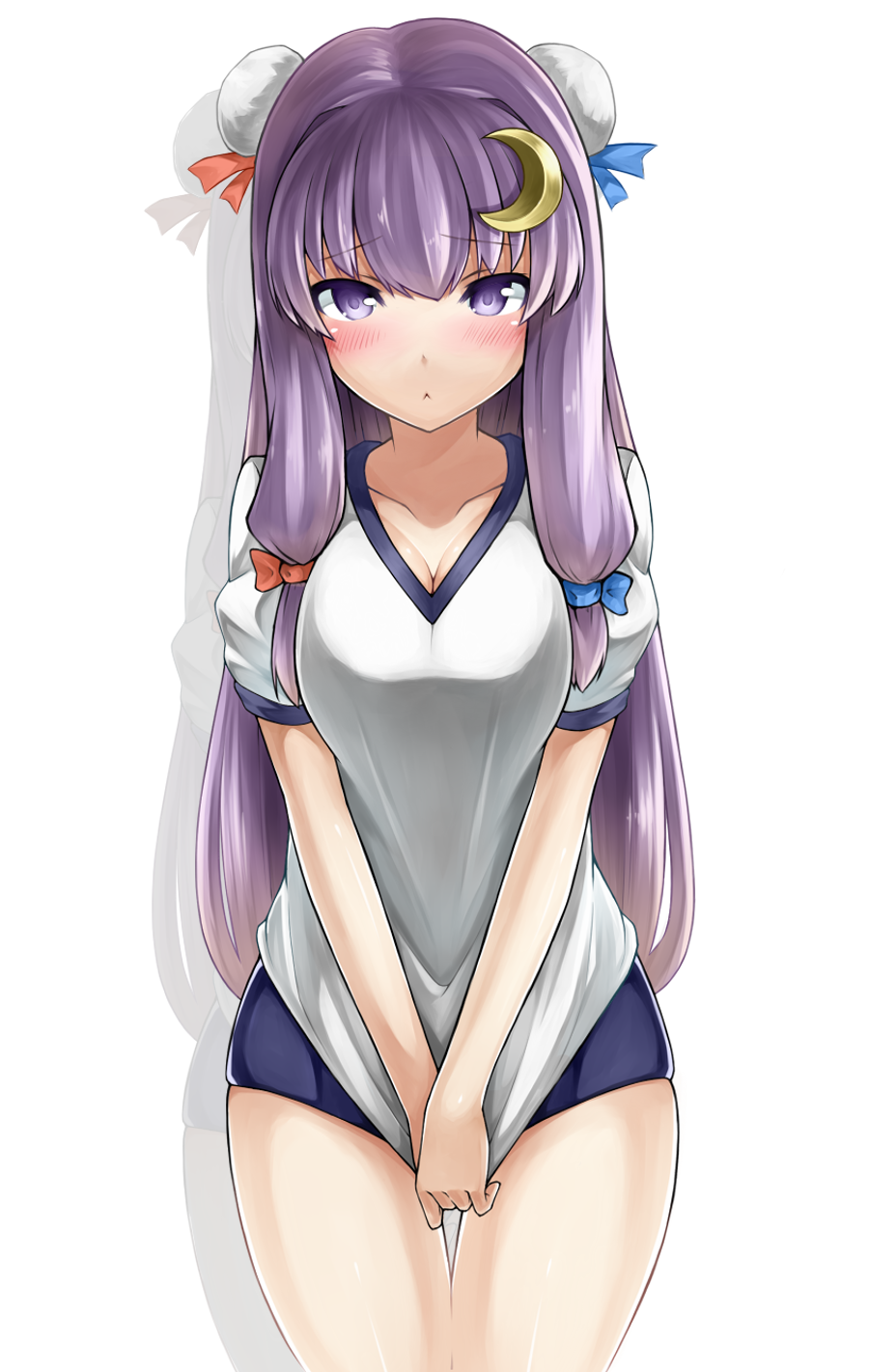 :<, alternate_costume, blush, breasts, bun_cover, buruma, cleavage, crescent, double_bun, embarrassed, gym_uniform, hair_ornament, highres, long_hair, looking_at_viewer, no_hat, no_headwear, patchouli_knowledge, purple_eyes, purple_hair, shirt_tug, simple_background, solo, thigh_gap, touhou, uyu_(keyakinoki), very_long_hair, violet_eyes, white_background