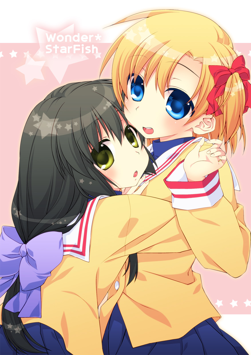 :d, :o, black_hair, blonde_hair, blue_eyes, bow, clannad, genderswap, green_eyes, hair_bow, highres, hug, ibuki_fuuko, multiple_girls, open_mouth, satomi_yoshitaka, school_uniform, short_hair, side_ponytail, smile, sunohara_youko