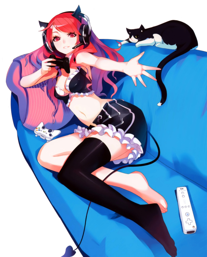 absurdres, bare_shoulders, black_legwear, breasts, cat, cleavage, controller, couch