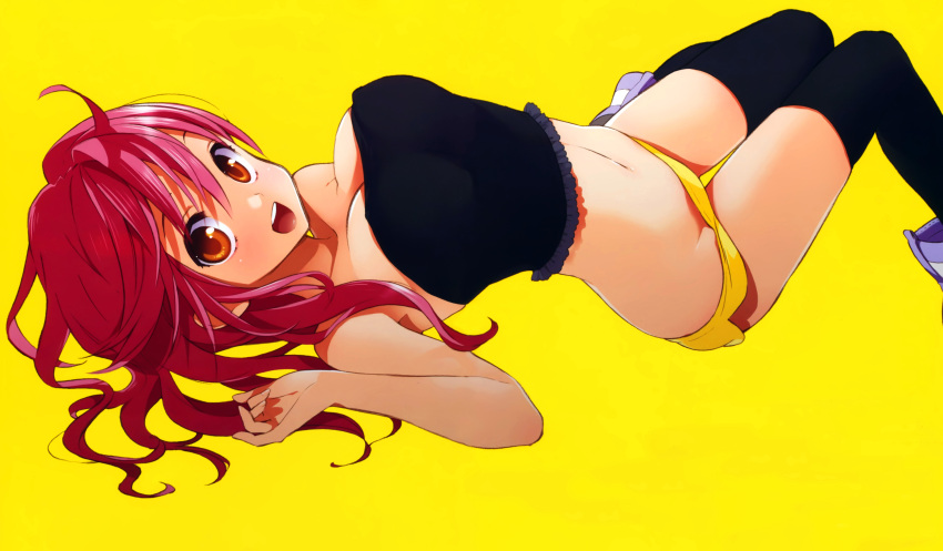 :d, absurdres, bare_shoulders, black_legwear, boyshorts, breasts, cleavage, copyright_request, highres, large_breasts, long_hair, looking_at_viewer, lying, on_back, open_mouth, orange_eyes, red_hair, redhead, short_shorts, shorts, simple_background, smile, solo, strapless, thigh-highs, thigh_gap, thighhighs, zekkyou, zekkyou_(h9s9)