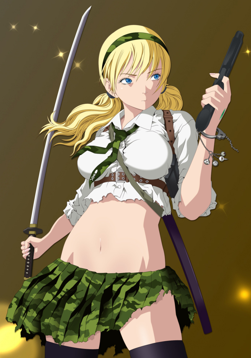 blonde_hair, blue_eyes, breasts, btooom!, camouflage, gun, hairband, highres