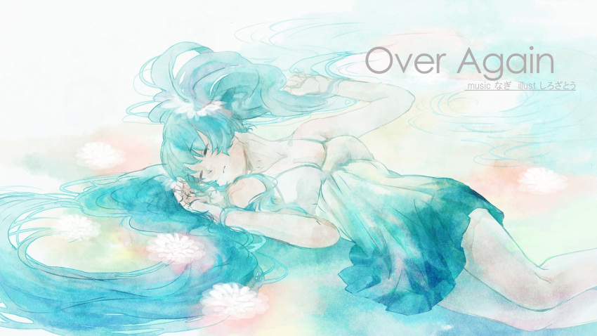 aqua_hair, artist_name, closed_eyes, dress, eyes_closed, hatsune_miku, long_hair, lying
