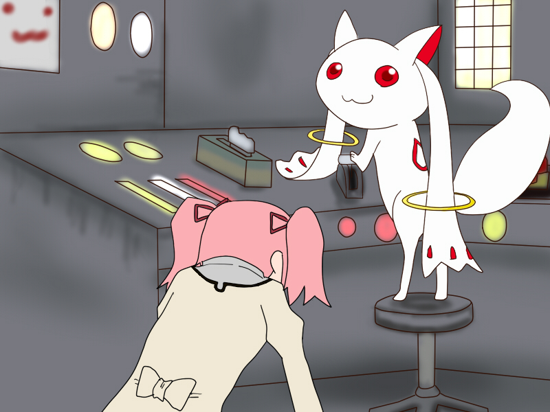 1girl, :3, bow, commentary, crossover, hair_bow, kaname_madoka, kneeling