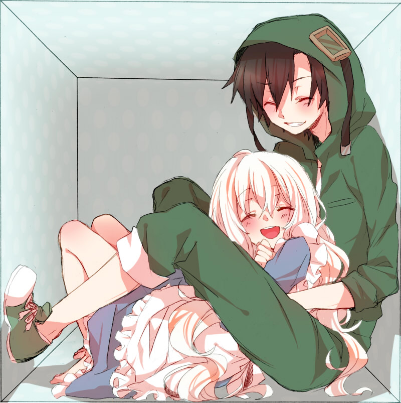 1girl, black_hair, blush, box, closed_eyes, dress, eyes_closed, happy