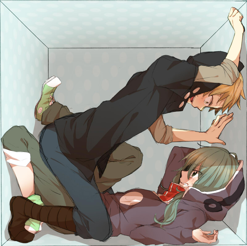 1girl, box, brown_hair, green_hair, hoodie, kagerou_project, kano_(kagerou_project), kido_(kagerou_project), long_hair, mekakushi_code_(vocaloid), short_hair, yamabukiiro