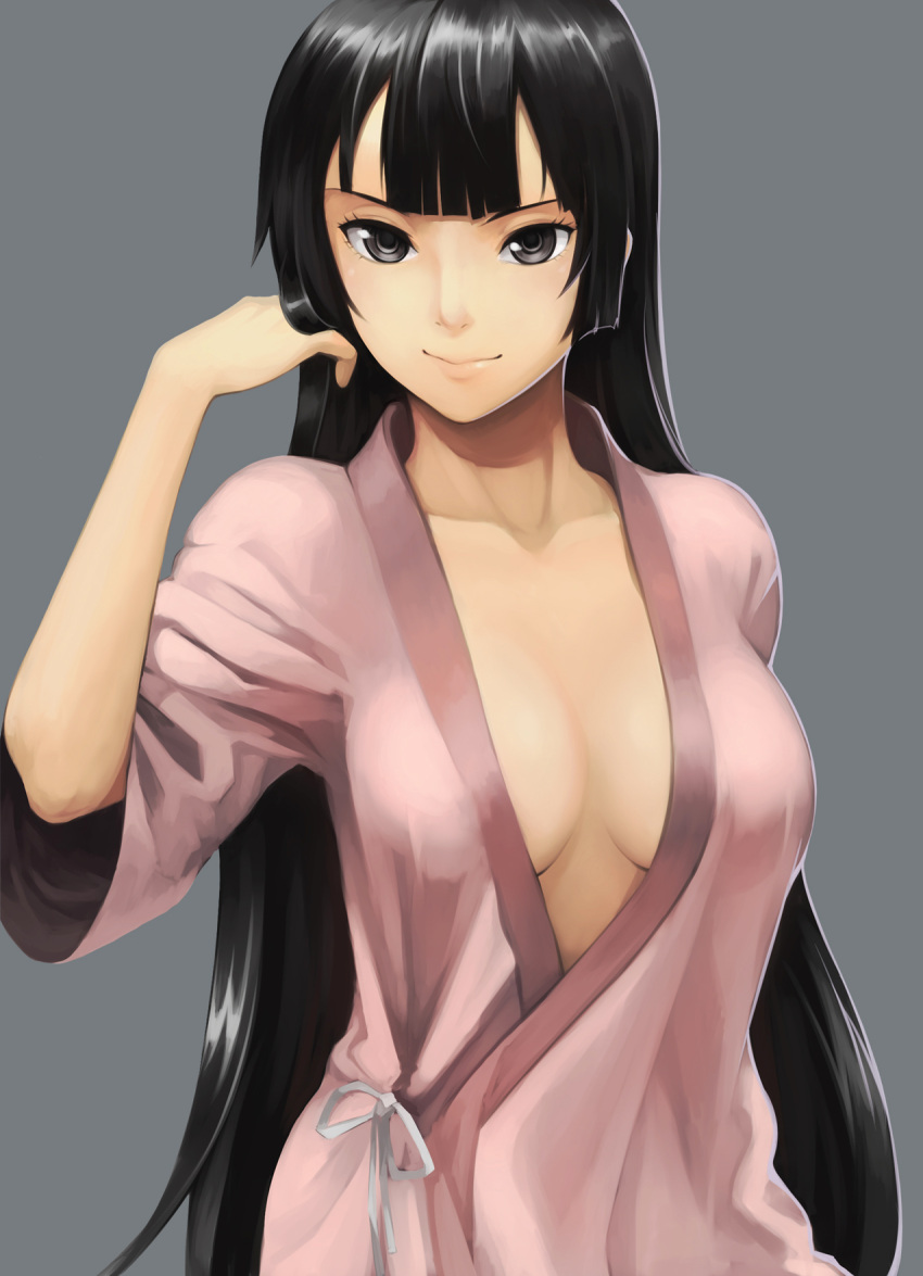 black_eyes, black_hair, breasts, cleavage, collarbone, grey_background, hand_in_hair, highres, hime_cut, lips, long_hair, original, otosama, robe, simple_background, smile, solo