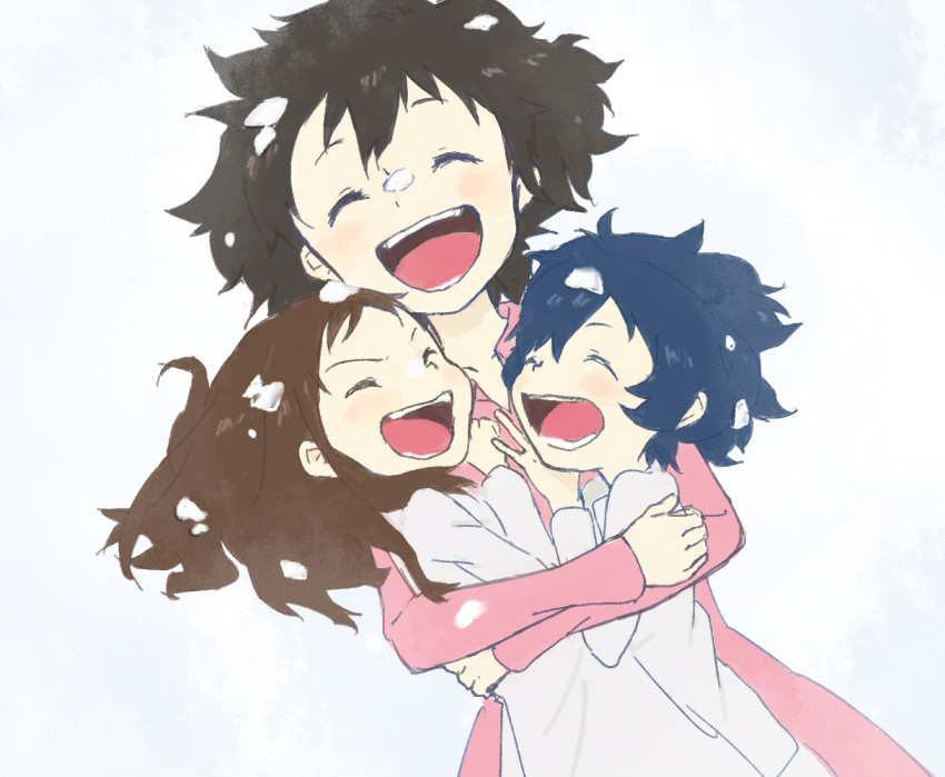 2girls, ame_(ookami_kodomo), bad_id, black_hair, brown_air, brown_hair, child, closed_eyes, eyes_closed, family, hana_(ookami_kodomo), happy, hug, mother_and_daughter, mother_and_son, multiple_girls, ookami_kodomo_no_ame_to_yuki, open_mouth, sige_nb, smile, snow, young, yuki_(ookami_kodomo)