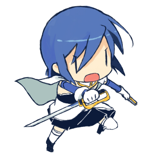 blue_hair, cape, chibi, dual_wielding, gloves, lowres, magical_girl, mahou_shoujo_madoka_magica, miki_sayaka, short_hair, sige_nb, simple_background, solo, sword, weapon, white_background, |_|