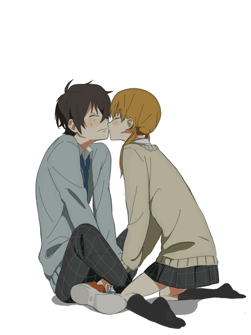 1girl, black_hair, blush, brown_hair, closed_eyes, couple, eyes_closed, highres