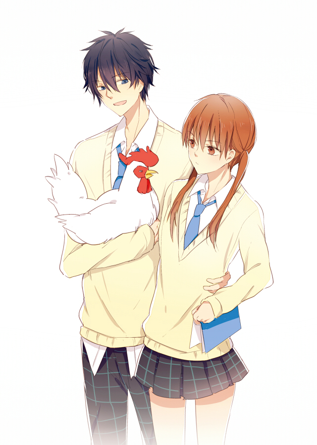 1girl, bird, black_hair, blue_eyes, book, brown_eyes, brown_hair, chicken