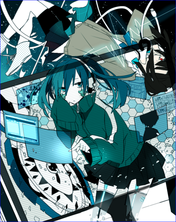 black_hair, dual_persona, ene_(kagerou_project), ene_no_dennou_kikou_(vocaloid), green_eyes, green_hair, headphone_actor_(vocaloid), headphones