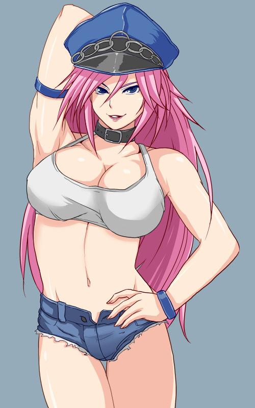 armlet, armpits, blue_eyes, bracelet, breasts, cleavage, collar, crop_top, denim, denim_shorts, final_fight, hand_on_hip, hat, jewelry, large_breasts, lipstick, long_hair, makeup, midriff, navel, peaked_cap, pink_hair, poison_(final_fight), short_shorts, shorts, smile, solo, testes